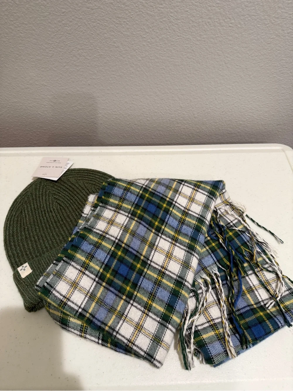 New Sun + Stone Olive Green Knit Beanie with Blue, White & Green Plaid Scarf